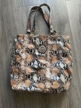 Kate Landry Snake-Print Tote Bag with Metal Emblem - Brown/Black